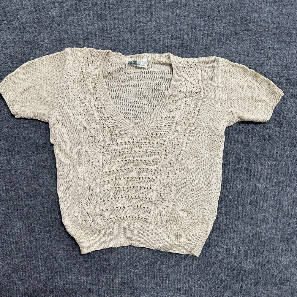 Green Finger Sweater Womens Size L Beige Crochet Cable Knit V-Neck Short Sleeve